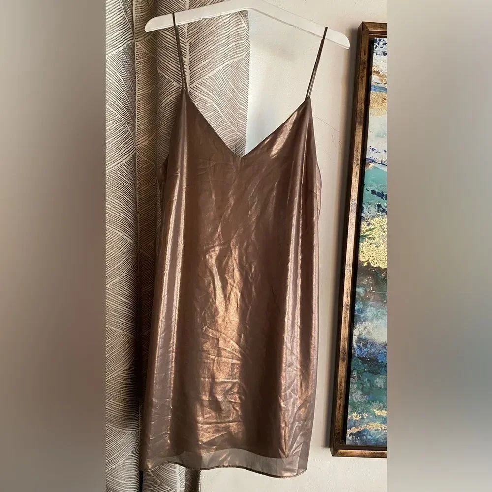 Wilfred Satin Slip Mini Dress Tan Copper Size Small Adjustable Straps Side Slit